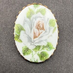 Gold Tone Brooch White Rose Hand Painted Style Victorian Revival Oval Pin